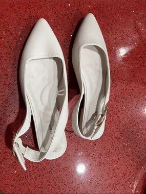 Anne Klein Off-White Pointed Toe Slingback Flats with Gold Buckle
